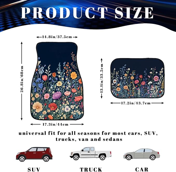 Wildflower Car Floor Mats Set of 4 Colorful Bloom Floral Field Automotive Foot Mats Rugs Carpet for Car Non-Slip Auto Car Accessories Universal Fit Car Accessories for Truck
