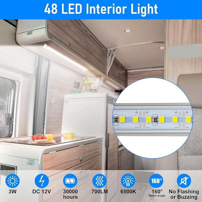 Linkstyle 2PC 12V LED Interior Light Bar 6500K 700LM with Switch for RV Van | 48 LEDs 3W low power use 30,000-hour lifespan slim aluminum housing magnetic adhesive screw mounting for trailers and boats