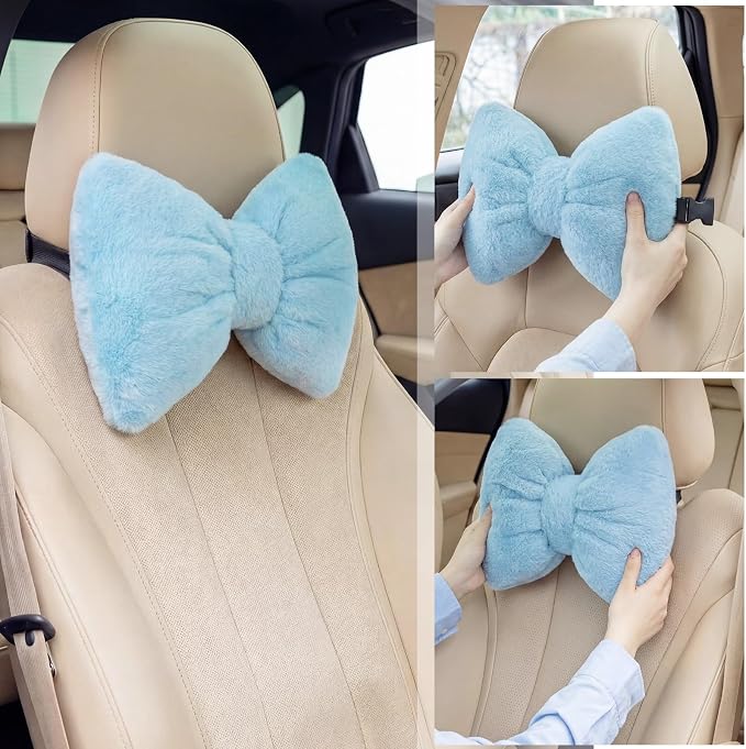 Macarrie 2 Pcs Blue Car Neck Pillow Imitation Rabbit Fur Bow Pillow | Soft Comfortable Seat Headrest Support, Cute Bow Car Accessories, Driving Travel Driver Chair Girl Interior Decor, Solid