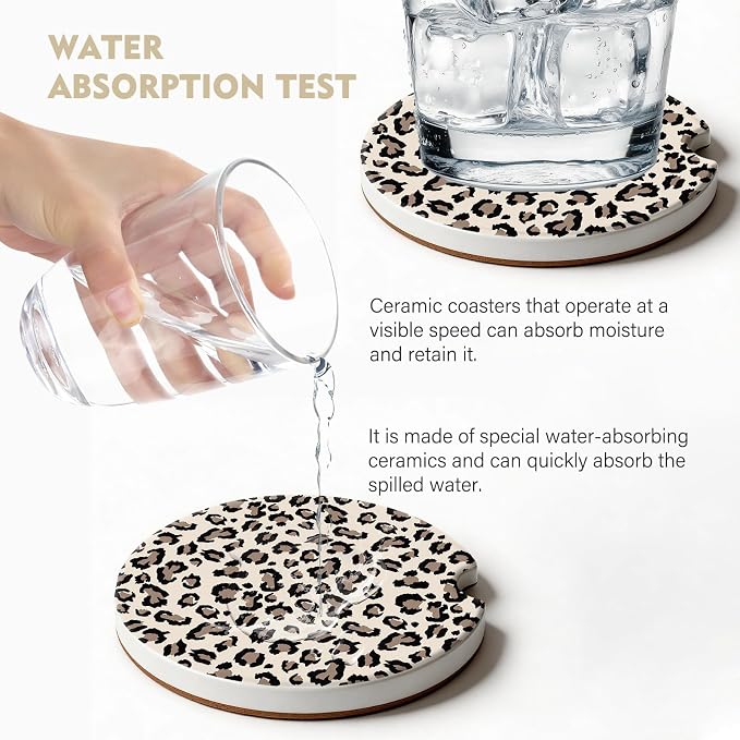2 Pack Car Coasters for Cup Holders, Absorbent Ceramic Cup Coaster with Cork Base and Finger Notch, Cute Car Accessories Interior for Women Men (Leopard-Yellow)