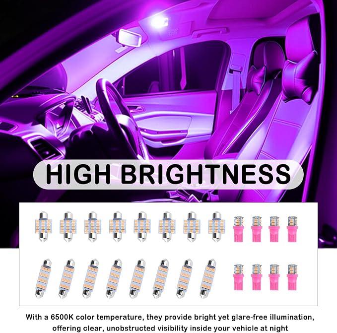 24PCS Interior Car Lights LED Kit,Super Bright 6500K Interior Dome Light for Side Marker/Map/License/Trunk Light,Upgrade T10/31mm/42mm Car Lights Interiors Kit with Pry Tool (Purple)