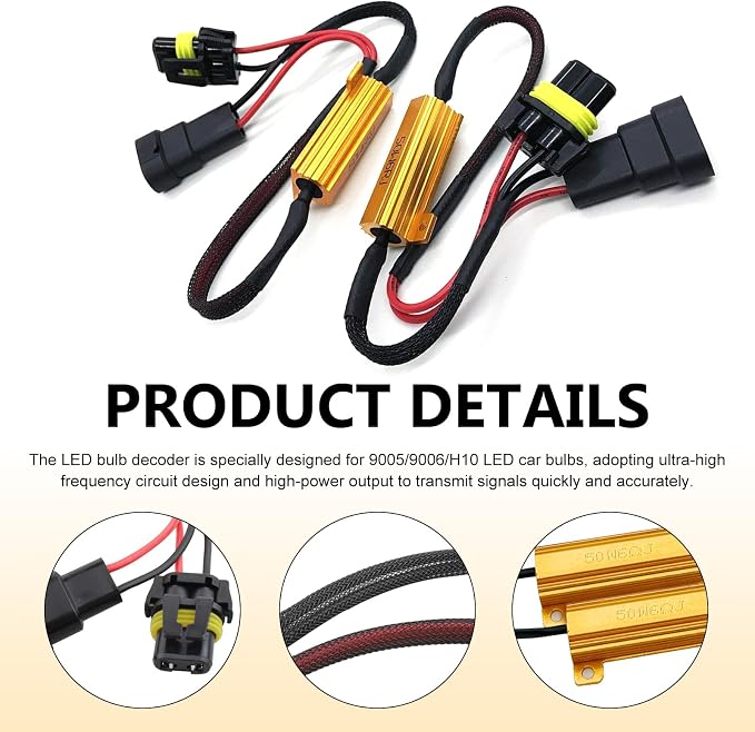 2 PCS Car LED Light Bulb Decoders, 9005/9006 Load Resistor Kit, Carlight Anti Flicker Error Canceller & Warning Fix Decoder, Plug and Play Adapter for Most Cars (Black)