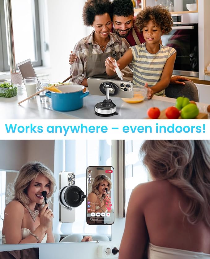 Jononser Magnetic Car Phone Holder for MagSafe, Nano-Gel Suction Cup Phone Mount for Dashboard & Windshield, Pocket-Size Foldable 360° Adjustable Car Mount for iPhone 17 16 15 14 13 12 Series, Silver