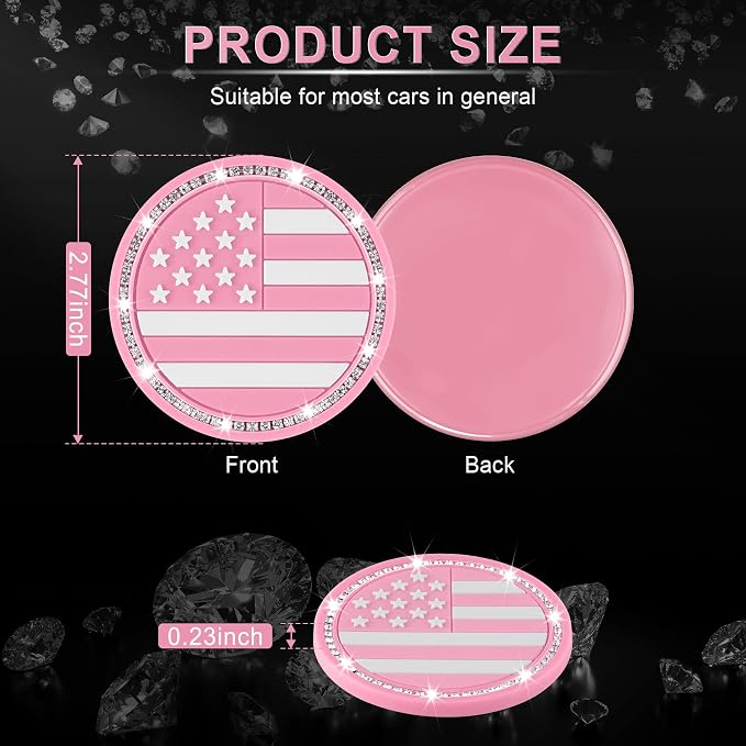 JUSTTOP Bling Car Cup Holder Coaster,4PCS American Flag Cup Holder Insert,Universal Non-Slip Cup Holders,Car Accessories Interior for Women and Man(Pink)