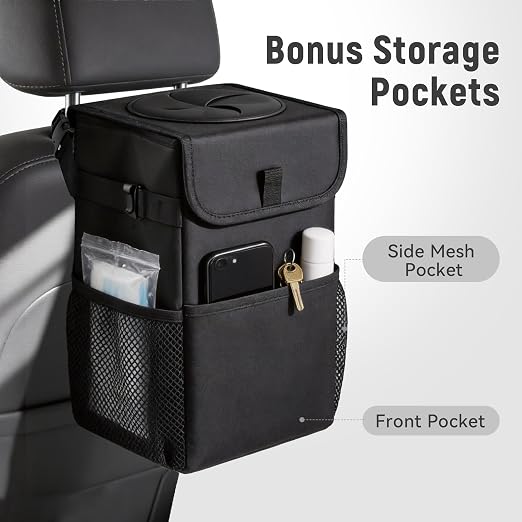 Car Trash Can with Lid - 1.7 Gallon Waterproof Leak-Proof Car Garbage Bin, Oxford Fabric Collapsible Organizer with Storage Pockets, Adjustable Strap for Headrest for SUV Truck Sedan, Black