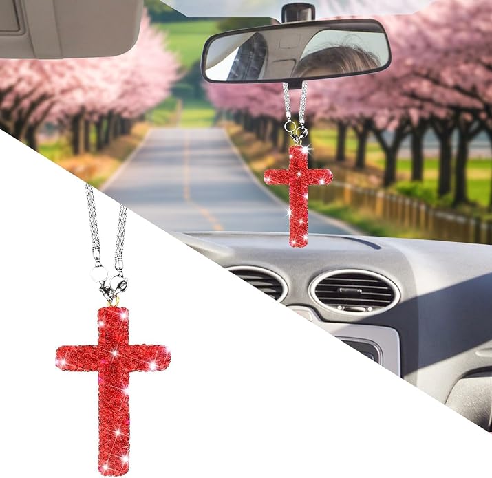 Bling Car Rear View Mirror Accessories Hanging Pendant,Cross Crystal Rhinestone For Car Mirror Hanging,Double-Sided Cross Diamond Religious,Interior Men Women Car Accessories