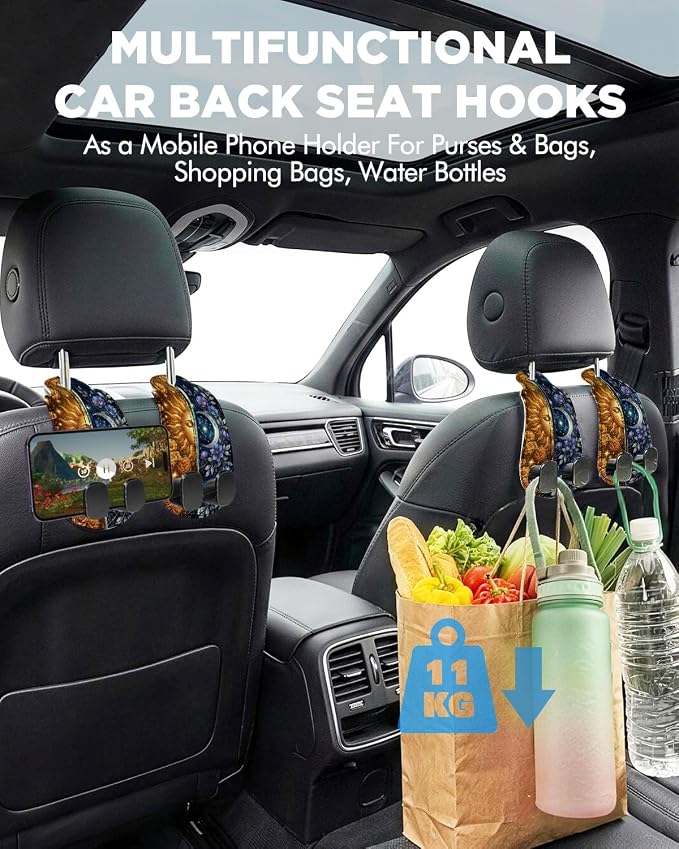 WOCOCN Purse Holder for Car, 2 Pack Heavy Duty Purse Hanger for Car, PU Leather Car Seat Hooks for Purses and Bags, Cute Sun Moon Headrest Organizer for Handbags & Backpacks