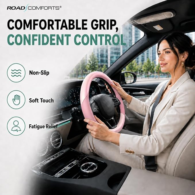 Road Comforts Steering Wheel Cover – Breathable Leather Steering Wheel Cover, Anti-Slip Grip, Universal Fit 14.5” to 15”, Heat & Cold Resistant for Cars, SUVs, and Trucks – Shining Pink & Pink