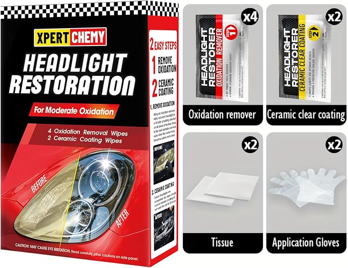 XPERTCHEMY Headlight Restoration kit, 2-Step Headlight Cleaner & Protective Coating Wipes, Removing The Moderate Yellowing, Haziness and Oxidation, Provides with the Best Protection 18 Months