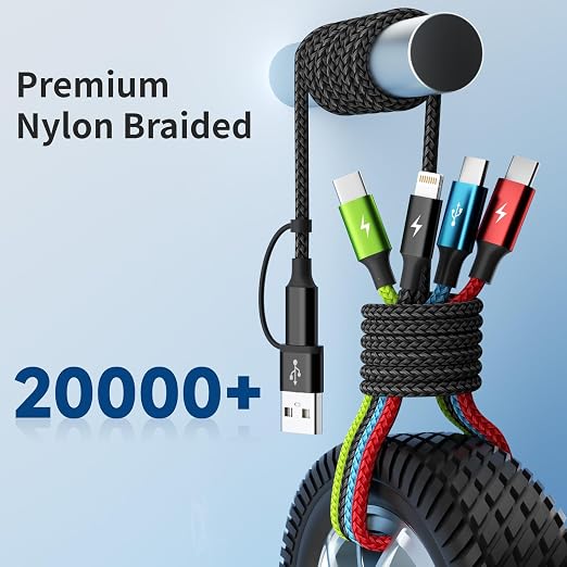 4 in 2 Multi Charging Cable, 3 Type-C & IP Cord for Multiple Devices | USB C Multi Charging Cable with 3 Type-C & IP Ports, Nylon Braided Phone Charger Cord for Travel, Car and Daily Use
