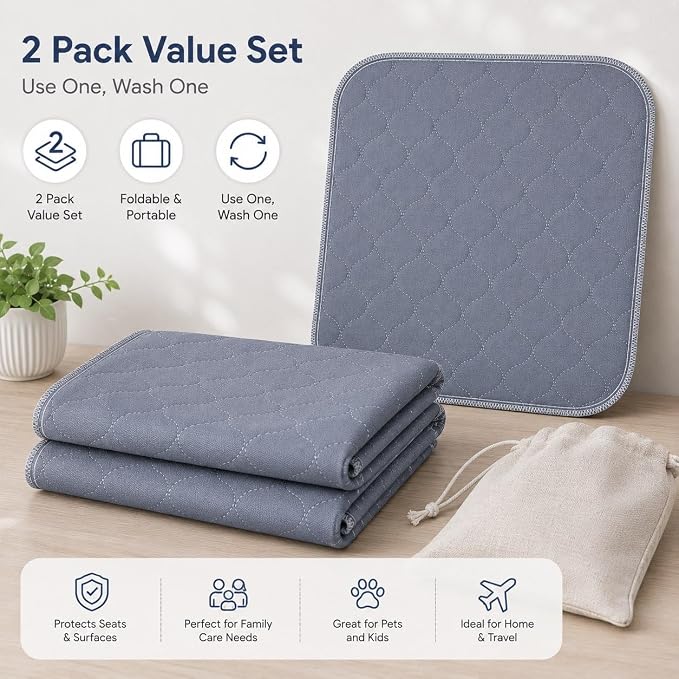 RIQINXIN Waterproof Washable Chair Pads for Incontinence Absorbent Reusable Seat Protector Pads for Recliner Quilted Seat Cover for Adults Senior Kids 2pcs Gray