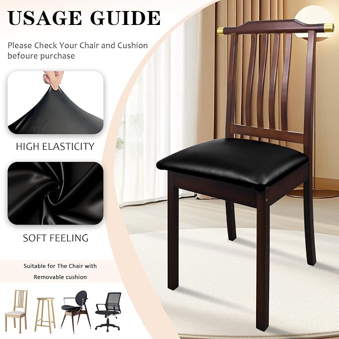 Pu Leather Dining Chair Seat Covers Set of 8, Waterproof Dining Seat Covers Stretch Chair Covers for Dining Chairs/Kitchen Room/Hotel, Odorless Seat Covers for Kitchen Chairs (Black - 8 PCS)