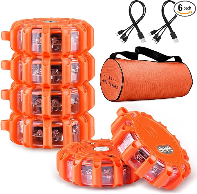 USB Rechargeable LED Road Flares Emergency Lights with Magnetic Base, 9 Strobe Options Roadside Emergency Warning Car Safety Beacon Flashing Disc Flare Kit for Vehicles & Boat (Orange Lights, 6 Pack)