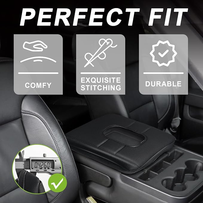 Muslogy Center Console Armrest Cover Fit for Chevy Silverado & GMC Sierra 1500 2500 3500HD 2014-2018 Accessories, Comfort Armrest Pad Console Lid Cushion Vegan Leather Regular Thick(Split Bench Seat)