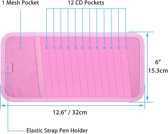Car CD Case Holder, Wisdompro Vehicle Sun Visor Organizer for Cars with 12 DVD Storage Sleeves, 1 Mesh Pocket, 1 Pen Holder and Elastic Strap, Pink