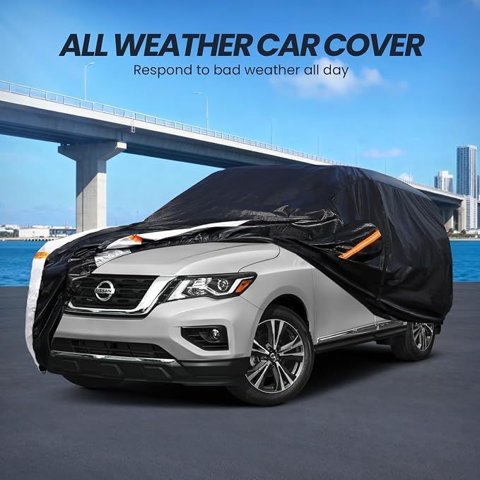 Multi-Layer Car Cover Custom Fit for Nissan Pathfinder(2004-2026), 100% Waterproof All Weather for Automobiles, Gift with Towel, Heavy Duty Car Covers for Rain Sun UV Protection with Door Zipper