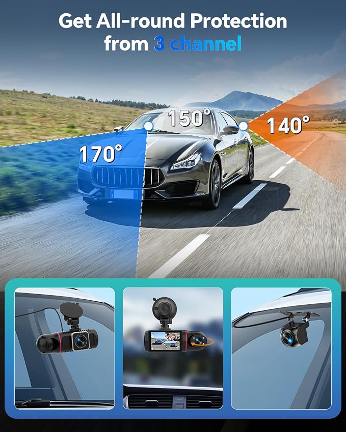 Dash Cam Front and Rear Inside 3 Channel, 1080P Dashcam with 64GB Card | Dash Camera for Cars with 24H Parking Monitor, Super Night Vision, Loop Recording, G-Sensor, WDR, 2.3" Screen for Taxi
