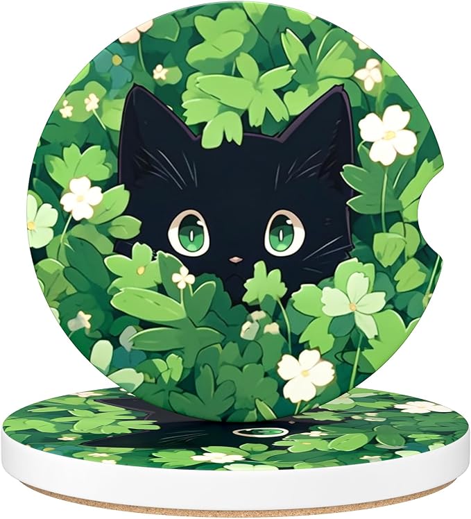 Aiawoxc Car Cup Holder Coasters, 2 Pack Universal Auto Anti Slip Insert Coaster with A Finger Notch, Cup Mat for Most Car Interior, Green Leaf Cat