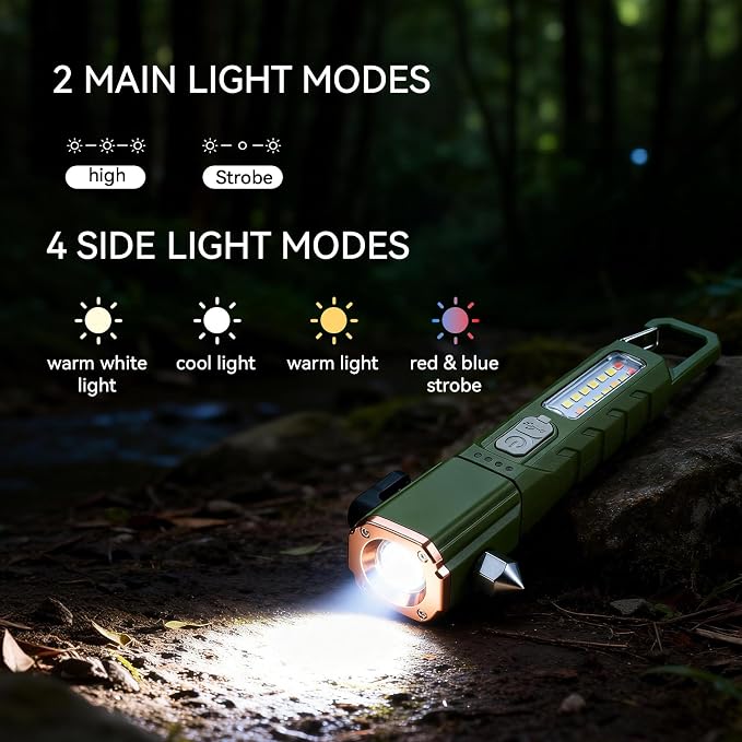 Emergency Car Flashlight with 6 Lighting Modes, Flashlights Emergency Kit Escape Hammer with Seatbelt Cutter & Window Breaker, Zoomable Design,Type-C Rechargeable for Roadside Safety,Camping,Home