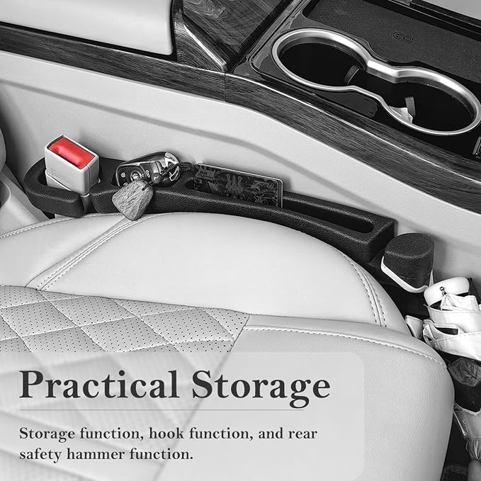 Car Seat Gap Filler with Organizer Hook & Emergency Glass Breaker (2-Pack) | Prevent Small Items & Tools from Falling Ultimate Seat Side Gap Fits Cars, SUVs, Trucks & Sedans