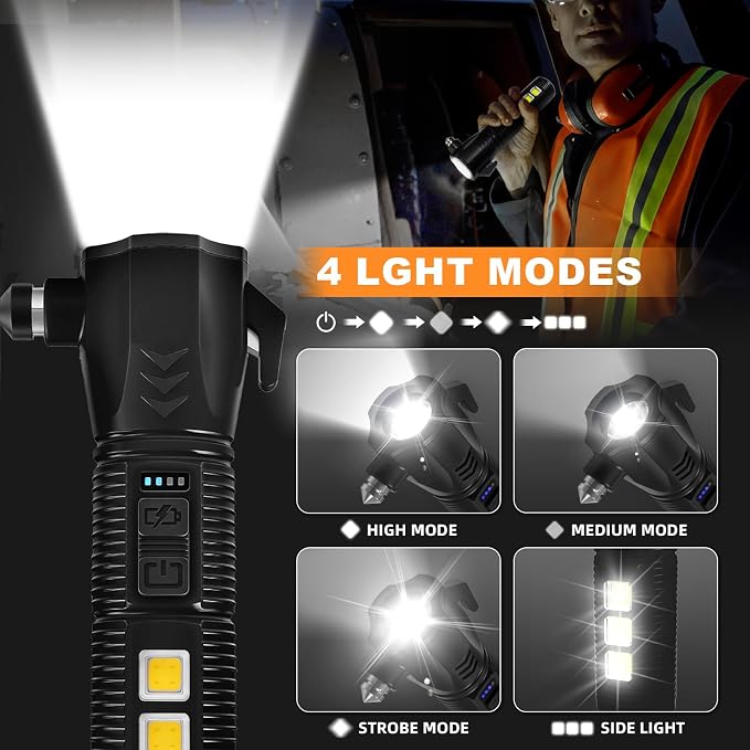 Black Emergency Car Flashlight - 2000 Lumen Dual Light 4-Level Battery Indicator Window Breaker & Seatbelt Cutter USB Rechargeable Ultra-Light 108g Car Emergency Tool