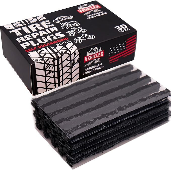 Vehiclex Flat Tire Repair Plugs - 30pcs Heavy Duty Plug and Patch Kit for Emergency Repairs, Black