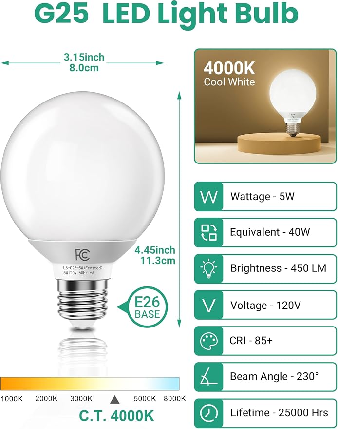 TJOY G25 LED Globe Light Bulbs, Vanity Light Bulb for Bathroom 40W Equivalent, 4000K Natural White E26 Base, Round Decorative Bulb for Vanity Makeup Mirror, CRI85+, 450LM, Non-Dimmable, UL, 4 Pack