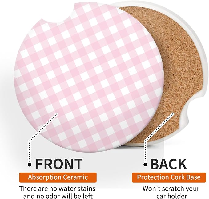 Pink Checkered Car Coasters for Cup Holder Absorbent Ceramic Cup Coaster 2 Pack Anti Slip Car Interior Accessories with Finger Notch Cork Base for Women Men 2.56"