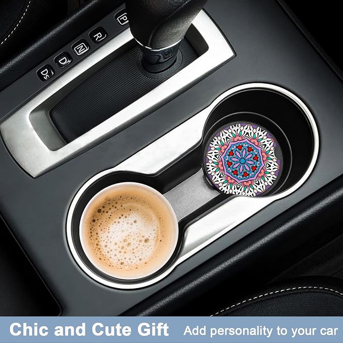 Nipichsha Car Coasters for Cup Holders, 2 Pack Absorbent Ceramic Car Cup Holder Coaster for Drinks, Cute Auto Assecories for Women Men, Size 2.56 in with Finger Notch & Cork Base, Mandala