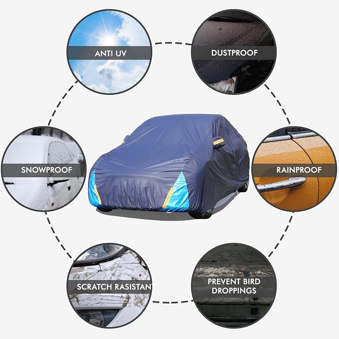 Tesla Model Y Car Cover Waterproof All Weather, 6 Layers Outdoor Full Exterior Cover Rain Sun UV Snowproof Protection with Zipper Cotton, Mirror Pocket and Charging Port