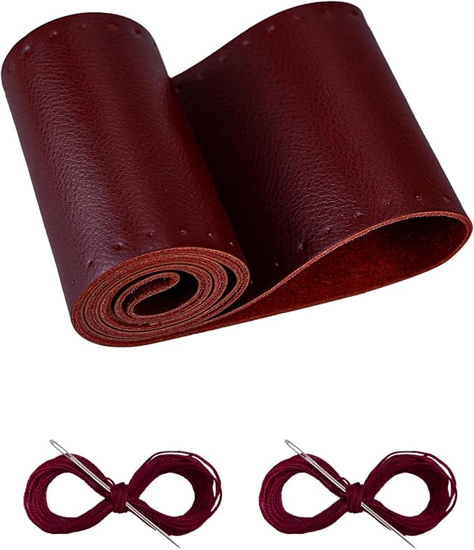 BELINOUS Leather Steering Wheel Cover Lace Up, Stitch on Steering Wheel Wrap, Universal Fit 13-20 Inch Car Truck Pickup Boat, A Whole Piece of Cowhide, DIY w/Needle Thread (Size M4, Wine Red)