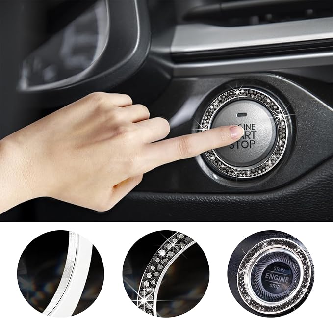 Kewucn Bling Crystal Double Rhinestone Car Engine Start Decoration Ring, Sparkling Push Start Button Sticker, Key Ignition & Knob Ring Decoration, Bling Car Interior Accessory (Bright Black)