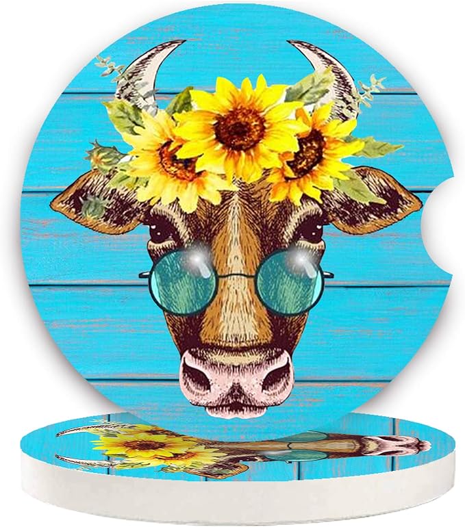 Car Coasters Pack of 2, Fun Sunflower Cow Design Absorb Condensation for Protect The Car Cup Holder and Keep Your car Clean, Small 2.56" Diameter, Easy Removal of Auto Cupholder（Blue Cow）