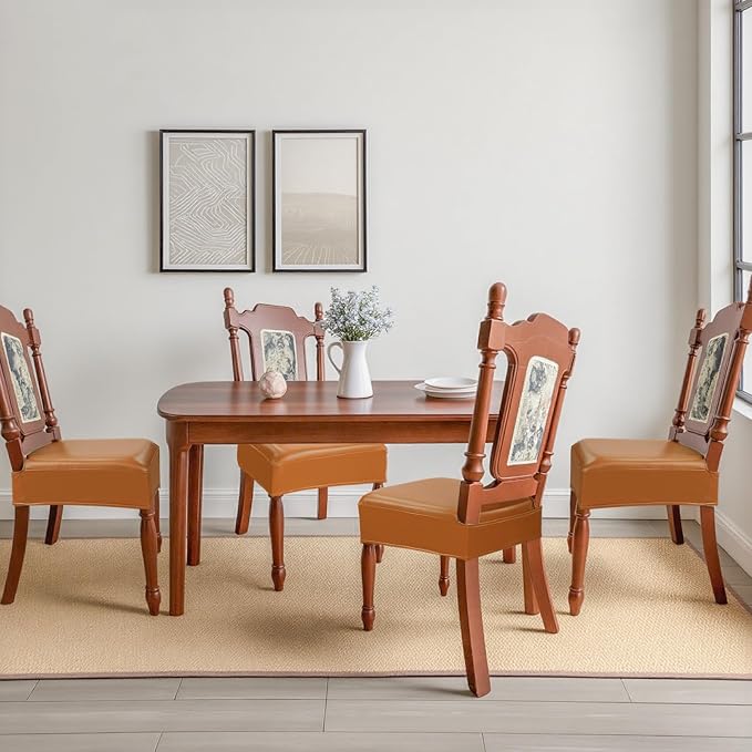 Leather Seat Covers for Dining Room Chairs Set of 8, Waterproof Kitchen Chair Seat Protector Slipcovers Made of 4-Way High Stretch PU Leather and Rear Covers Design (Orange 8 Pcs)