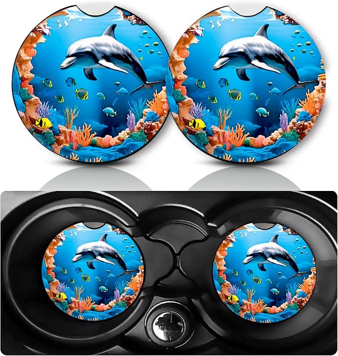 2 Pack Dolphin Car Cup Holder Coasters Neoprene Anti Slip Rubber Mat | Dolphins Car Accessories Interior Decor 2.75" Universal Size Insert Auto Coasters Dolphin Gifts for Women Men