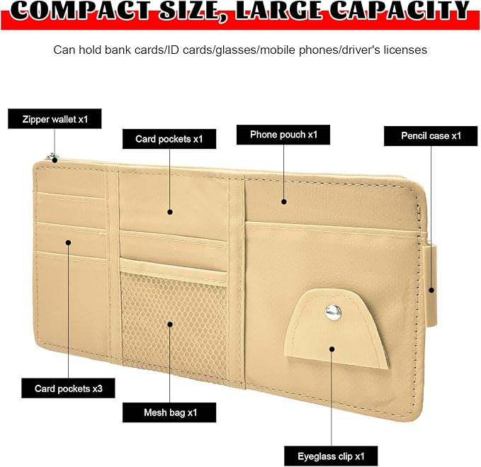 Car Sun Visor Organizer, Multifunctional Auto Visor Storage Bag with Net Pocket & Eyeglass Clamp, Waterproof Multi-Pocket Storage Pouch Ticket Organizer for Car Sun Visors (Beige)