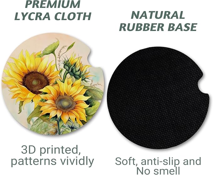 Yonlevres Car Coasters for Cup Holders, 2.75" Anti Slip Rubber Mat with a Finger Notch, 2 Pack Sunflower