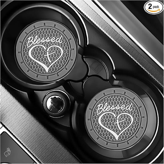 2 PCS Car Cup Holder Coaster, 2.76 Inch Non-Slip Auto Drink Mats with Blessed Cross and Heart, Shockproof Christian Cup Insert Coaster for Most Vehicles, Car Accessories (Gray)