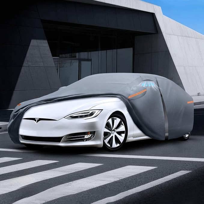 Waterproof Tesla Model S(2012-2026) Car Cover with Breathable Vents, [Upgrade] Premium Covers with Cotton Liner and Zipper Door,Sun Rain Snow Dust Uv Protection.(Gift with Towel)
