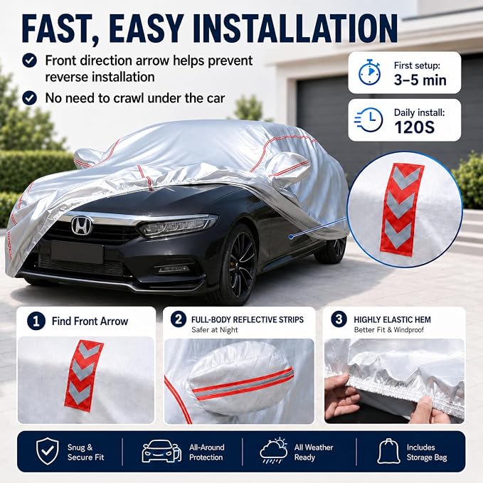Waterproof All Weather Heavy Duty Vehicle Cover, 360° Underbody Wrap Windproof Design, Quick Install Outdoor Cover,（for Honda Accord 2002-2025）