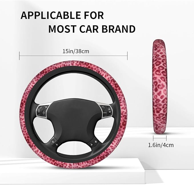 Pink Leopard Print Steering Wheel Cover Pink Cheetah Print Steering Wheel Cover Anti-Slip Breathable for 15 in Universal 2 Pcs Car Interior Cup Holder Pad for Men Women