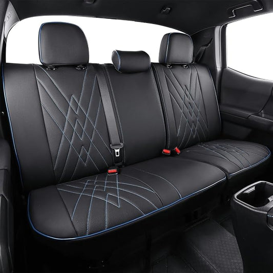 EKR Tacoma Back Seat Covers Custom for Toyota Tacoma (Hybrid) 2024 2025 2026 Double cab TRD Sport,TRD Off-Road,Limited,Trailhunter- Second Row Only,Faux Leather(Black with Blue Trim)