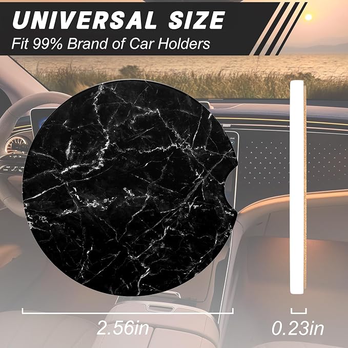 Aiawoxc Car Cup Holder Coasters, 2 Pack Universal Auto Anti Slip Insert Coaster with A Finger Notch, Cup Mat for Most Car Interior, Black Marble