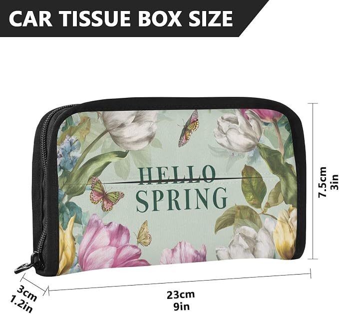 Green Spring Wildflowers Tulip Butterflies Car Tissue Holder Durable Napkin Holder Hanging Tissue Holders Case Car Tissues Bag for Sun Visor Seat Back Universal Auto