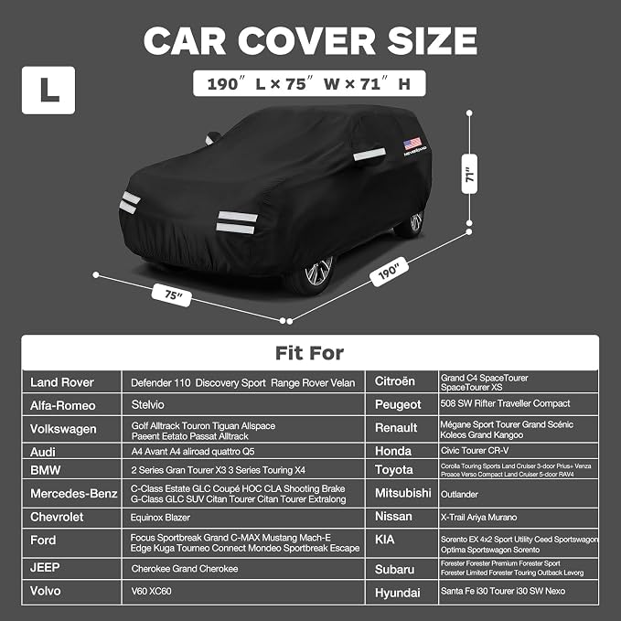 SUV Car Cover, Full SUV Car Covers Waterproof All Weather Dustproof, Snowproof, UV Protection Car Covers for Automobiles Universal Fit for SUV Cover Size 190''L x 75''W x 71''H