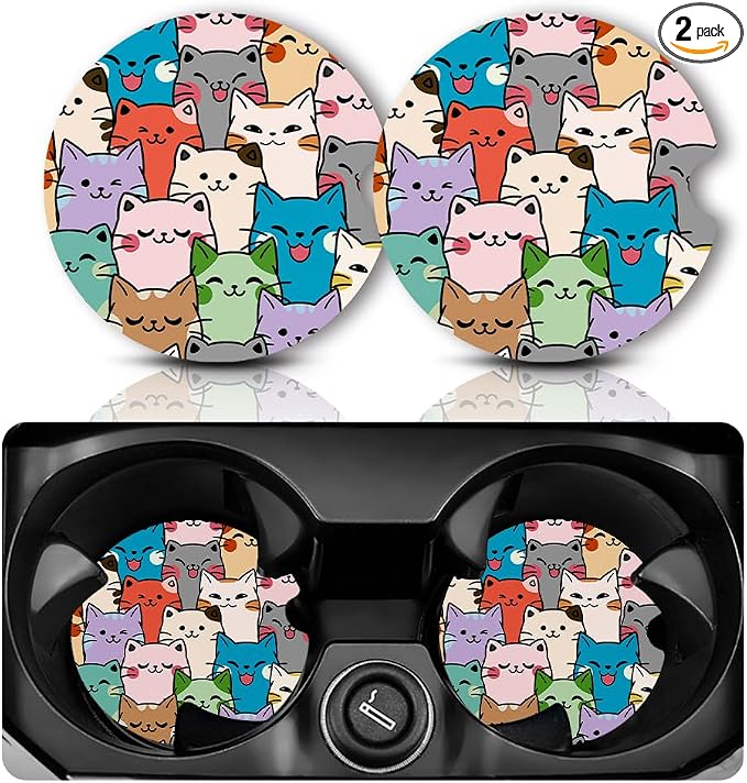 Yonlevres Car Coasters for Cup Holders，2.75" Anti Slip Rubber Mat with A Finger Notch, 2 Pack Car Cup Holder Coasters for Car Interior Accessories for Women Men Cat