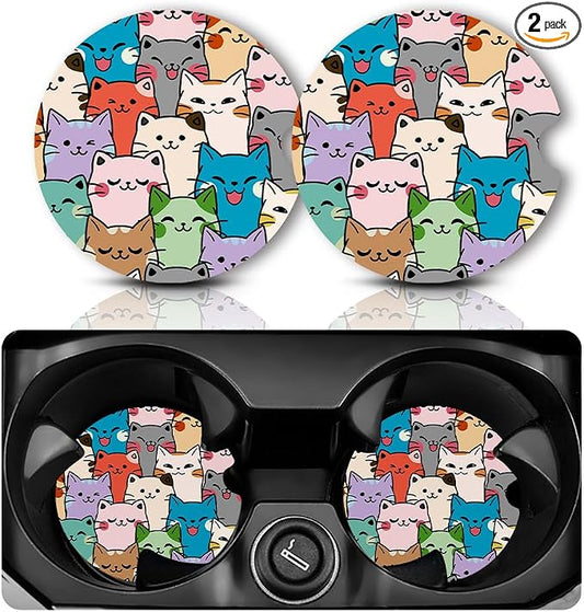 Yonlevres Car Coasters for Cup Holders，2.75" Anti Slip Rubber Mat with A Finger Notch, 2 Pack Car Cup Holder Coasters for Car Interior Accessories for Women Men Cat