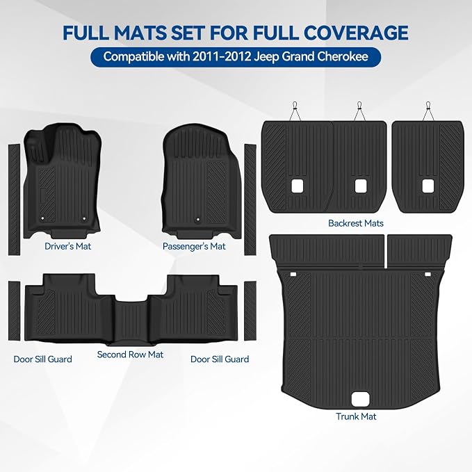 Custom Fit Floor Mats for 2011-2012 Jeep Grand Cherokee, All Weather TPE Floor Liners & Trunk Mat & Backrest Mats & Door Sill Guard, Odorless Full Set Interior Accessories
