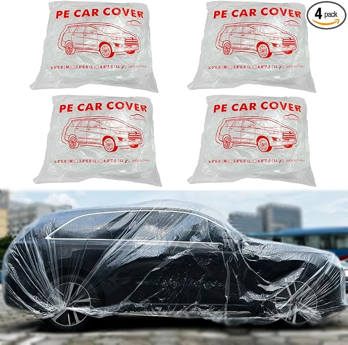 4 Packs Disposable Car Cover Clear Plastic Car Cover Universal Rain Dust Garage Cover with Elastic Band Large (15.7FT x 24.6FT)