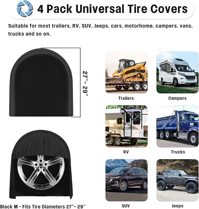 OutdoorLines Waterproof Tire Covers Set of 4 | UV Proof Trailer Wheel Cover for RV Jeep Trailer Camper Van Truck, Universal Tire Covering Fits Diameters 27"-29", Black
